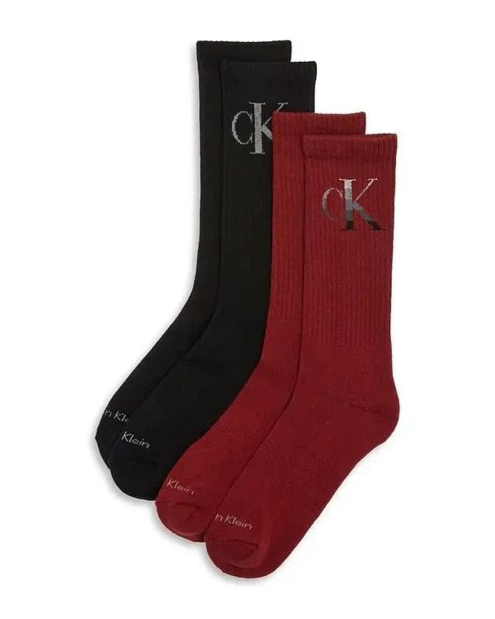 CALVIN KLEIN Womens Crew Socks Maroon Black 2 Pair Ribbed Cushion CK Logo